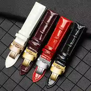 万晨 头层小牛皮表带亮面真皮女款漆面牛皮防水 适配飞亚达 欧利时 铁达时 美度男女同款真牛皮表带手表改装蝴蝶扣 手表表带