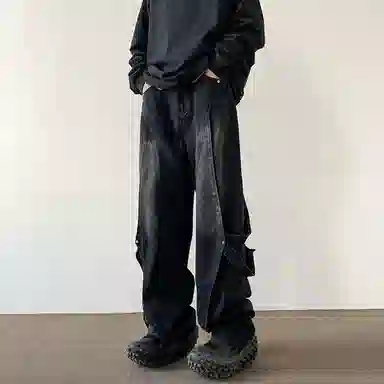 寻星记 美式高街复古解构设计水洗拼接宽松百搭舒适嘻哈潮流阔腿拖地长裤牛仔裤 男女同款