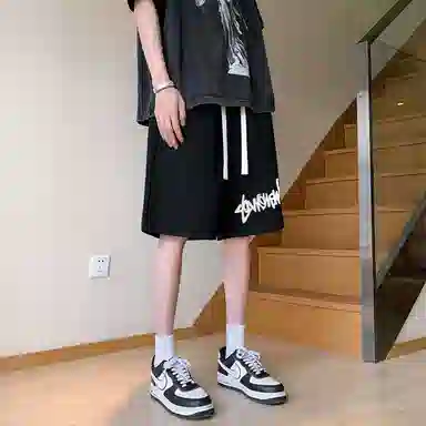 物质公式 潮牌美式高街复古创意艺术字母印花抽绳运动基础款无性别穿搭短裤户外跑步休闲宽松百搭系带五分裤篮球裤 男女同款