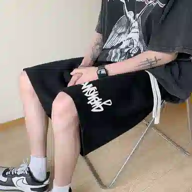 物质公式 潮牌美式高街复古创意艺术字母印花抽绳运动基础款无性别穿搭短裤户外跑步休闲宽松百搭系带五分裤篮球裤 男女同款