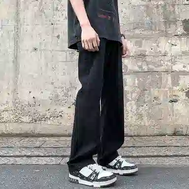 物质公式 美式高街复古做旧水洗基础款宽松百搭高腰透气休闲牛仔裤 男女同款 黑灰色