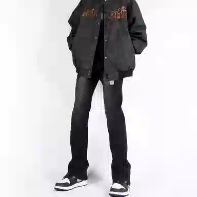 物质公式 美式复古做旧水洗高街基础宽松百搭透气休闲高腰牛仔裤 男女同款 黑色