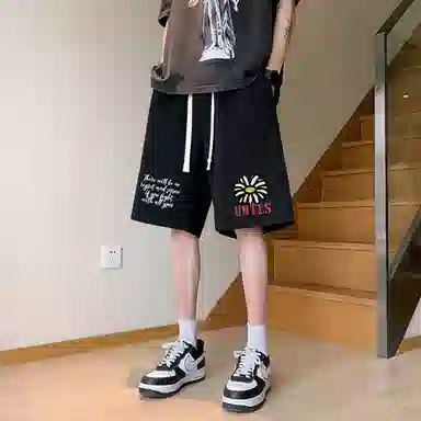 物质公式 潮牌创意卡通趣味向日葵图案字母印花美式高街复古抽绳运动基础款无性别穿搭短裤户外跑步休闲宽松百搭系带五分裤篮球裤 男女同款