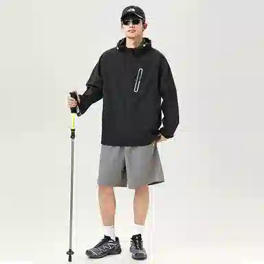 物质公式 高街美式复古百搭休闲时尚舒适超轻透气常规宽松纯色条纹连帽拉链直筒薄款长袖防晒服 男女同款