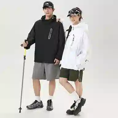 物质公式 高街美式复古百搭休闲时尚舒适超轻透气常规宽松纯色条纹连帽拉链直筒薄款长袖防晒服 男女同款