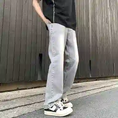 物质公式 美式高街复古做旧水洗基础款百搭透气宽松休闲高腰牛仔裤 男女同款 浅蓝色