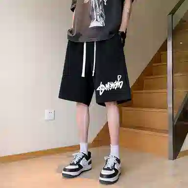 物质公式 潮牌美式高街复古创意艺术字母印花抽绳运动基础款无性别穿搭短裤户外跑步休闲宽松百搭系带五分裤篮球裤 男女同款
