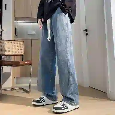 虫小绿 美式复古高街潮流纯色水洗抽绳直筒休闲西裤牛仔裤 男女同款