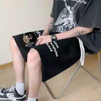 物质公式 潮牌美式高街复古创意卡通动漫图案字母印花抽绳运动基础款无性别穿搭短裤户外跑步休闲宽松百搭系带五分裤篮球裤 男女同款