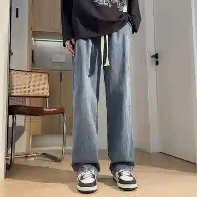 虫小绿 美式复古高街潮流纯色水洗抽绳直筒休闲西裤牛仔裤 男女同款