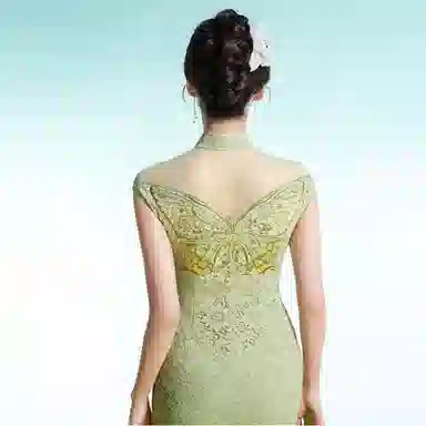 四美子 蝴蝶刺绣亮片蕾丝包臀旗袍连衣裙 彩蝶衣