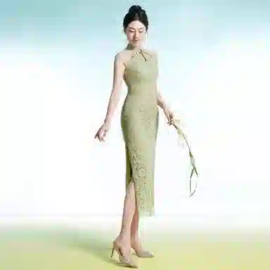 四美子 蝴蝶刺绣亮片蕾丝包臀旗袍连衣裙 彩蝶衣