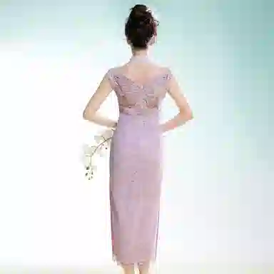 四美子 蝴蝶刺绣亮片蕾丝包臀旗袍连衣裙 彩蝶衣