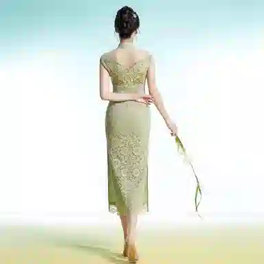 四美子 蝴蝶刺绣亮片蕾丝包臀旗袍连衣裙 彩蝶衣