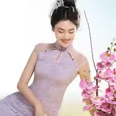 四美子 蝴蝶刺绣亮片蕾丝包臀旗袍连衣裙 彩蝶衣