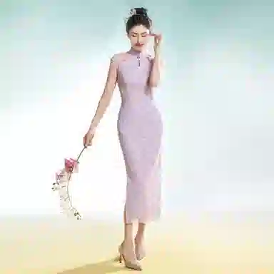 四美子 蝴蝶刺绣亮片蕾丝包臀旗袍连衣裙 彩蝶衣