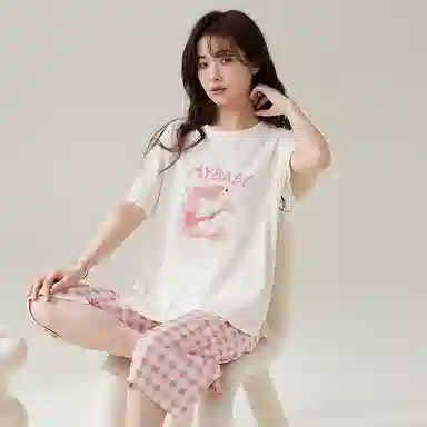 睦隆世家 短袖纯棉可外穿七分裤拉架爽棉甜美家居服睡衣套装 女款