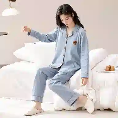 睦隆世家 睡衣女士长袖长裤开衫翻领休闲纯棉女士简约可外穿全棉家居服套装  女款  浅蓝色