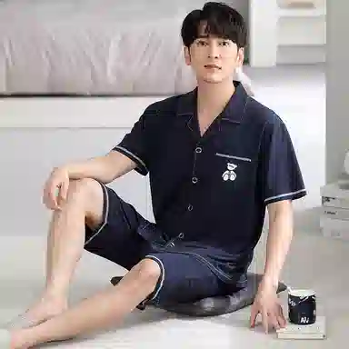 睦隆世家 纯色开衫印花短袖五分裤轻薄透气舒适亲肤居家休闲可外穿睡衣套装 男款 藏青色