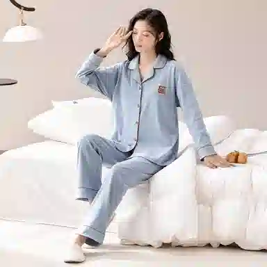 睦隆世家 睡衣女士长袖长裤开衫翻领休闲纯棉女士简约可外穿全棉家居服套装  女款  浅蓝色