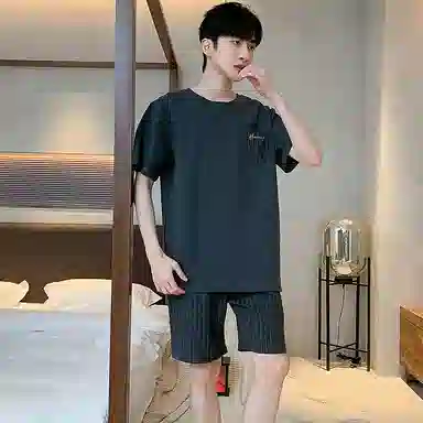 睦隆世家 时尚透气轻薄亲肤居家休闲圆领短袖松紧腰短裤可外穿经典睡衣套装 男款 黑色