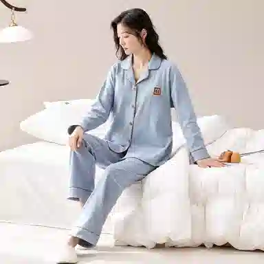 睦隆世家 睡衣女士长袖长裤开衫翻领休闲纯棉女士简约可外穿全棉家居服套装  女款  浅蓝色