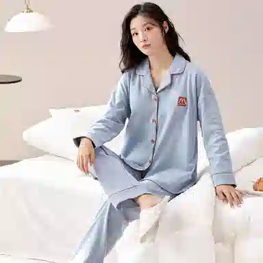 睦隆世家 睡衣女士长袖长裤开衫翻领休闲纯棉女士简约可外穿全棉家居服套装  女款  浅蓝色