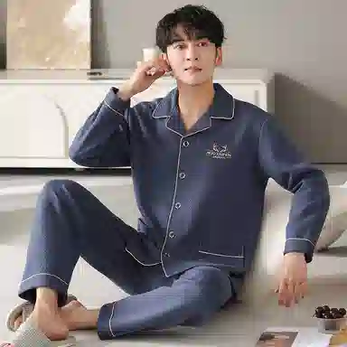 睦隆世家 时尚清新简约保暖亲肤轻盈微弹舒适细腻长袖长裤不易起球家居服睡衣套装 男款 藏青色