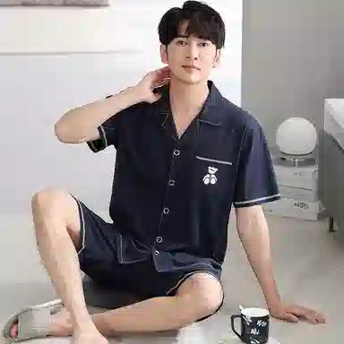 睦隆世家 纯色开衫印花短袖五分裤轻薄透气舒适亲肤居家休闲可外穿睡衣套装 男款 藏青色