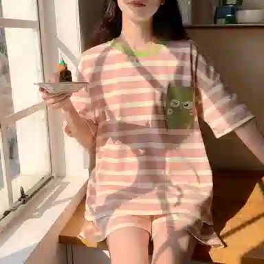 睦隆世家 圆领条纹短袖上衣松紧腰短裤睡衣套装 女款 粉色