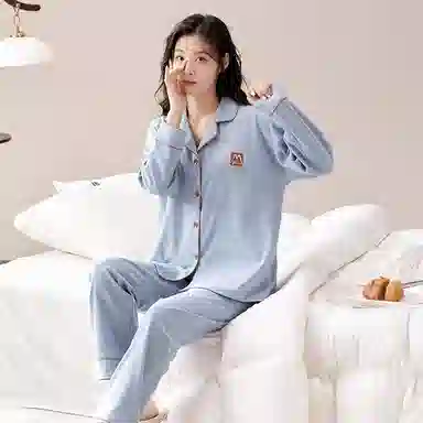 睦隆世家 睡衣女士长袖长裤开衫翻领休闲纯棉女士简约可外穿全棉家居服套装  女款  浅蓝色