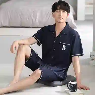 睦隆世家 纯色开衫印花短袖五分裤轻薄透气舒适亲肤居家休闲可外穿睡衣套装 男款 藏青色