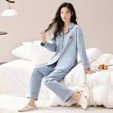 睦隆世家 睡衣女士长袖长裤开衫翻领休闲纯棉女士简约可外穿全棉家居服套装  女款  浅蓝色
