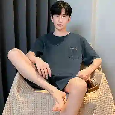 睦隆世家 时尚透气轻薄亲肤居家休闲圆领短袖松紧腰短裤可外穿经典睡衣套装 男款 黑色