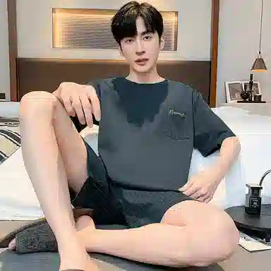 睦隆世家 时尚透气轻薄亲肤居家休闲圆领短袖松紧腰短裤可外穿经典睡衣套装 男款 黑色