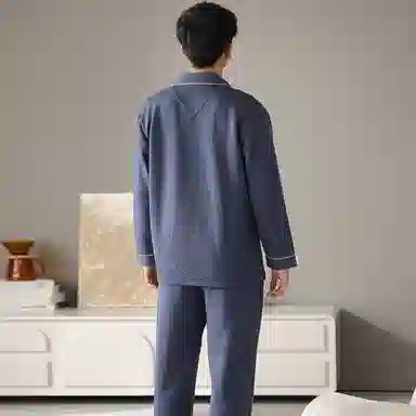 睦隆世家 时尚清新简约保暖亲肤轻盈微弹舒适细腻长袖长裤不易起球家居服睡衣套装 男款 藏青色