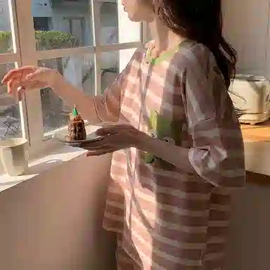 睦隆世家 圆领条纹短袖上衣松紧腰短裤睡衣套装 女款 粉色