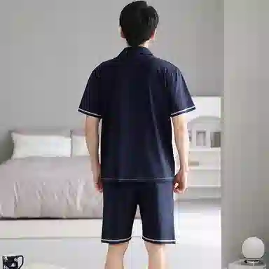 睦隆世家 纯色开衫印花短袖五分裤轻薄透气舒适亲肤居家休闲可外穿睡衣套装 男款 藏青色