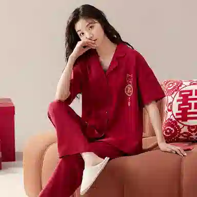 睦隆世家 圆领喜庆短袖短裤亲肤可外穿睡衣套装 女款 红色