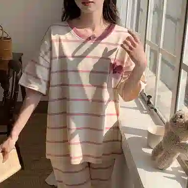睦隆世家 圆领短袖舒适长裤可外穿休闲甜美睡衣套装 女款