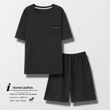 睦隆世家 时尚透气轻薄亲肤居家休闲圆领短袖松紧腰短裤可外穿经典睡衣套装 男款 黑色
