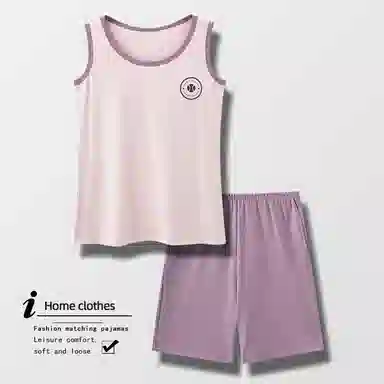 睦隆世家 简约小清新薄款无袖背心三分裤可外穿少女睡衣套装 女款 藕色