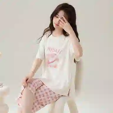 睦隆世家 短袖纯棉可外穿七分裤拉架爽棉甜美家居服睡衣套装 女款