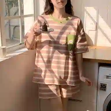 睦隆世家 圆领条纹短袖上衣松紧腰短裤睡衣套装 女款 粉色