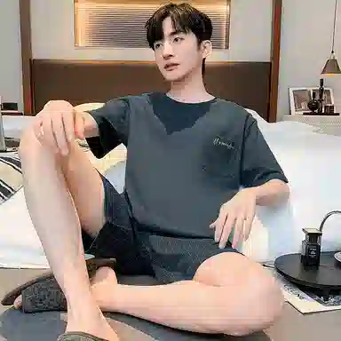 睦隆世家 时尚透气轻薄亲肤居家休闲圆领短袖松紧腰短裤可外穿经典睡衣套装 男款 黑色