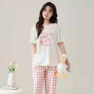 睦隆世家 短袖纯棉可外穿七分裤拉架爽棉甜美家居服睡衣套装 女款