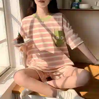 睦隆世家 圆领条纹短袖上衣松紧腰短裤睡衣套装 女款 粉色