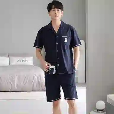 睦隆世家 纯色开衫印花短袖五分裤轻薄透气舒适亲肤居家休闲可外穿睡衣套装 男款 藏青色