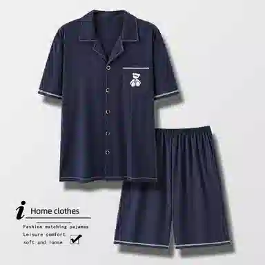 睦隆世家 纯色开衫印花短袖五分裤轻薄透气舒适亲肤居家休闲可外穿睡衣套装 男款 藏青色