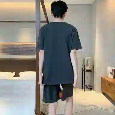 睦隆世家 时尚透气轻薄亲肤居家休闲圆领短袖松紧腰短裤可外穿经典睡衣套装 男款 黑色